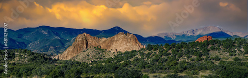 Garden of the gods rock formations with threatening clouds, near Colorado Springs, Colorado.