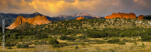 A panorama view of Garden of the gods rock formations with threatening clouds, near Colorado Springs, Colorado.