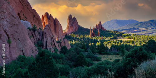 Garden of the gods rock formations with threatening clouds, near Colorado Springs, Colorado.