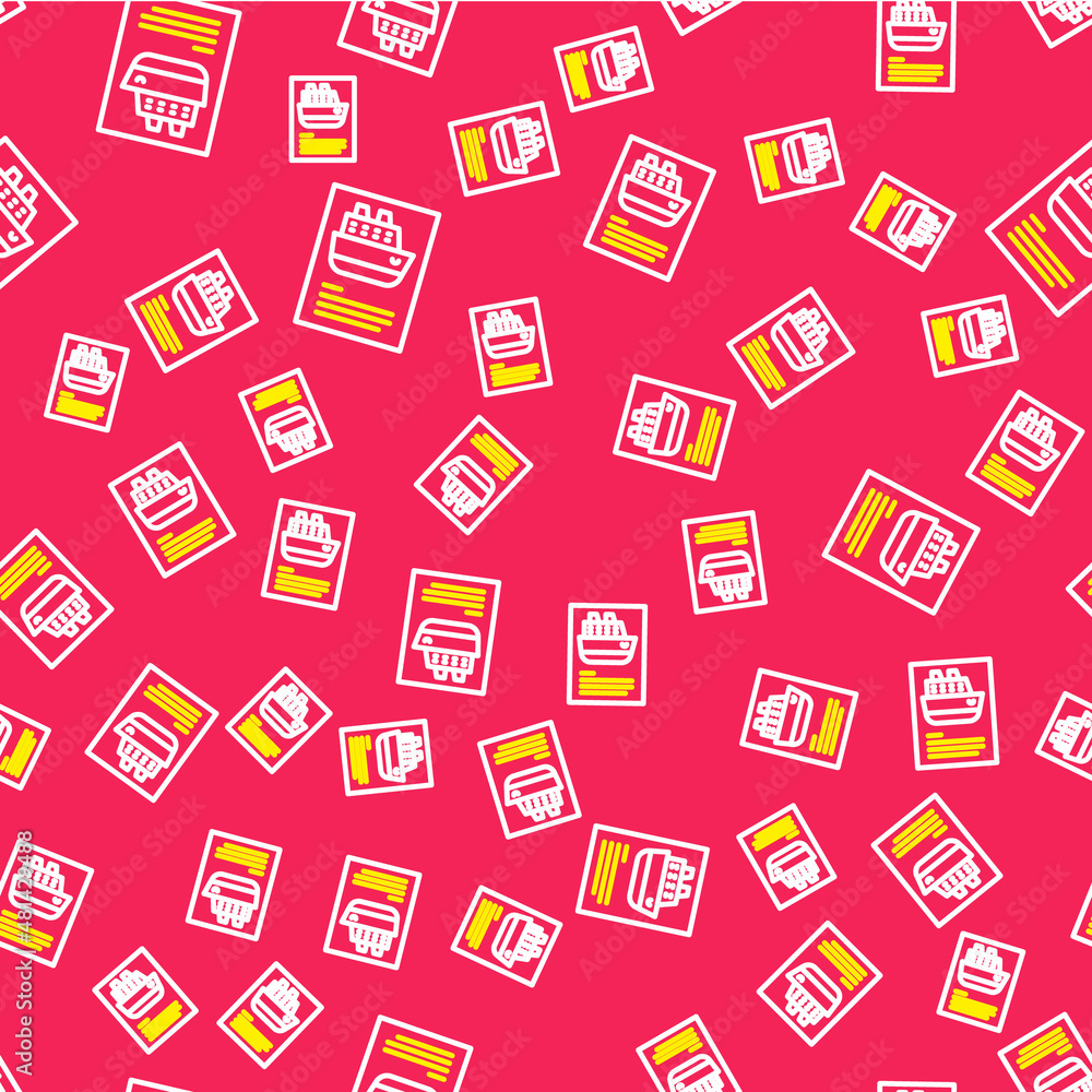 Line Cruise ship icon isolated seamless pattern on red background. Travel tourism nautical transport. Voyage passenger ship, cruise liner. Worldwide cruise. Vector Line Cruise ship icon isolated seamless pattern on red background. Travel tourism nautical transport. Voyage passenger ship, cruise liner. Worldwide cruise. Vector