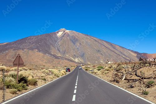 Pico del Teide mountain volcano summit in the background on a sunny day, Teide National Park, Tenerife, Canary Islands, Spain