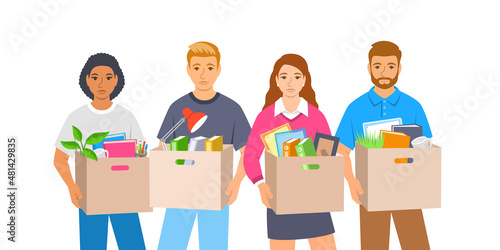 Unemployed fired people. Group of sad jobless workers holding boxes with their stuff. Unhappy upset faces worried about job loss. Unemployment during the economic crisis. Flat vector illustration