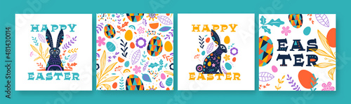 Happy Easter folk rabbit spring flower card set