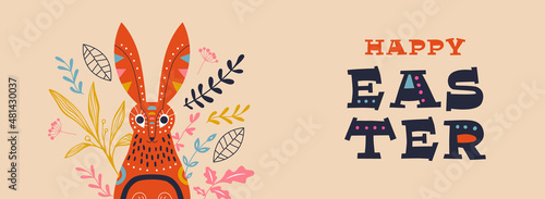 Happy Easter retro folk spring rabbit banner