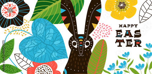 Happy Easter retro spring flower rabbit cartoon