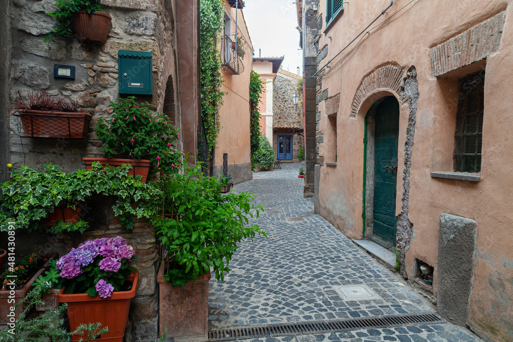 Fototapeta premium Street of little town Anguillara Sabazia on Lake of Bracciano, Lazio, Italy