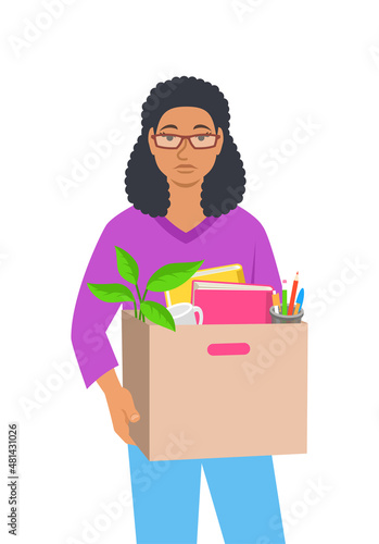 Unemployed fired black woman. Sad jobless female teacher holds box with personal stuff. Unhappy upset face worried about job loss. Staff reduction during the economic crisis. Flat vector illustration