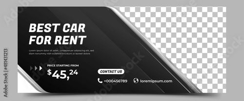 Modern horizontal banner design template for car rental and automotive. Black background with place for the photo. Usable for banner, cover, header, and background.