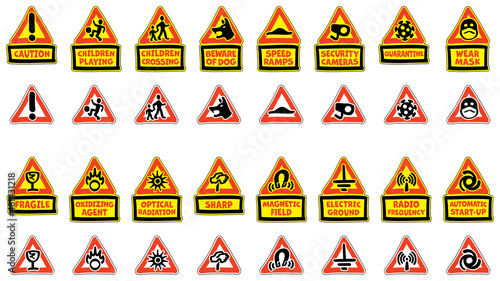 Set of Triangle Hazard Warning Signs 2 - With editable text boxes or isolated icons - Non official - Cartoon Calligraphic Handwritten Style