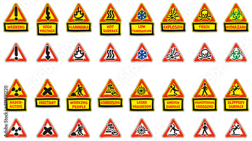 Set of Triangle Hazard Warning Signs 1 - With editable text boxes or isolated icons - Non official - Cartoon Calligraphic Handwritten Style