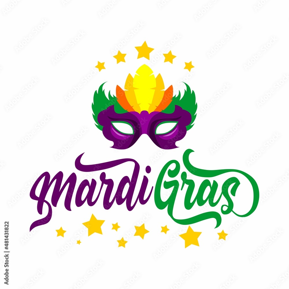 Handwritten modern brush lettering of Mardi Gras with stars and decorative mask on white background, vector illustration
