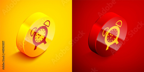 Isometric Alarm clock icon isolated on orange and red background. Wake up, get up concept. Time sign. Circle button. Vector