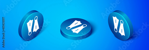 Isometric Rubber flippers for swimming icon isolated on blue background. Diving equipment. Extreme sport. Sport equipment. Blue circle button. Vector