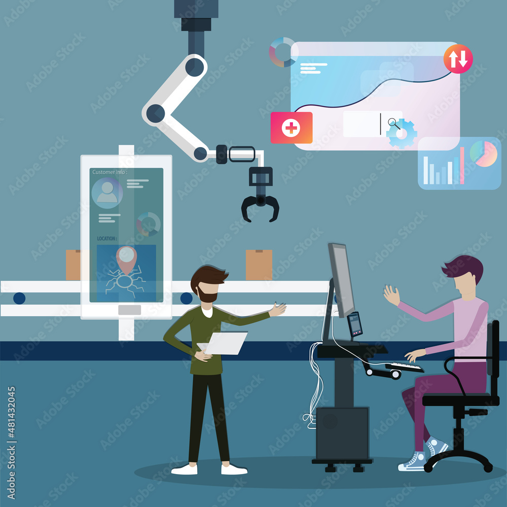 Flat design of automation technology,The owners using automatic system in their business - vector