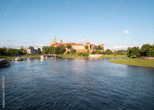 Wawel Hill Kraków with the famous Royal Castle. Located on the bank of the Vistula River (Wisła) in the Old Town district. UNESCO World Heritage Site in Krakow, Poland.