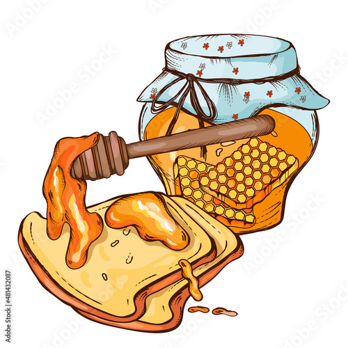 Honey jar, dipper and bread, hand drawn vector illustration isolated on white background. Vintage engraving style honey and toast bread color image for food packaging.