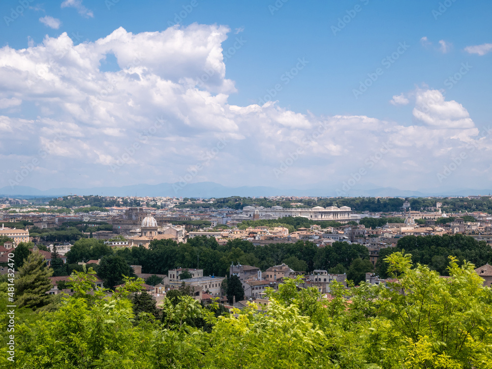 Scenic view of Rome skyline, capital of Italy. Roman panorama cityscape seen from the Janiculum hill.