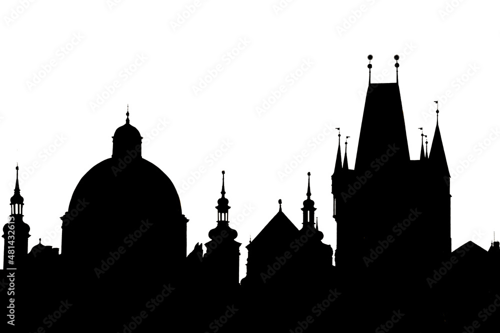 Urban skyline with cathedral landmark buildings silhouette of Prague, Czechia