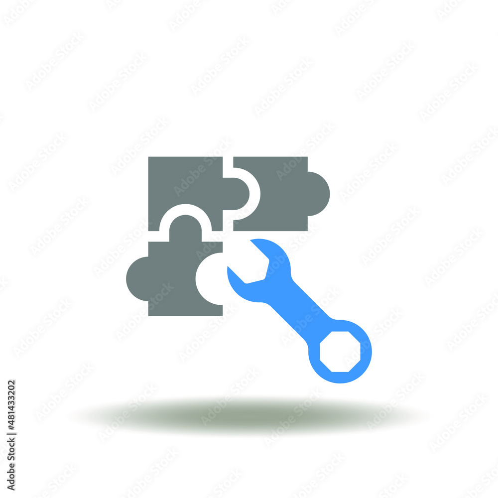 Vector illustration of puzzle pieces with wrench. Icon of inefficiency