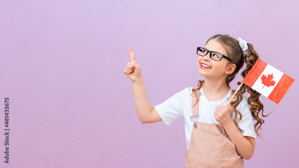 A girl with a Canadian flag in her hands shows a hand gesture everything is fine. Work and study in Canada. a child on an isolated background, copy space. A girl with a Canadian flag in her hands shows a hand gesture everything is fine. Work and study in Canada. a child on an isolated background, copy space.