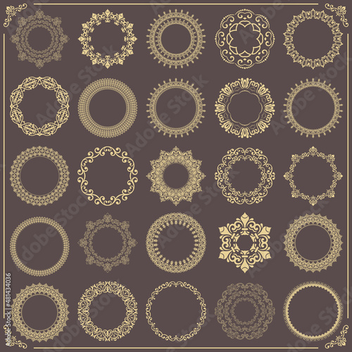 Vintage set of vector round elements. Golden elements for design frames, cards, menus, backgrounds and monograms. Classic patterns. Set of vintage patterns