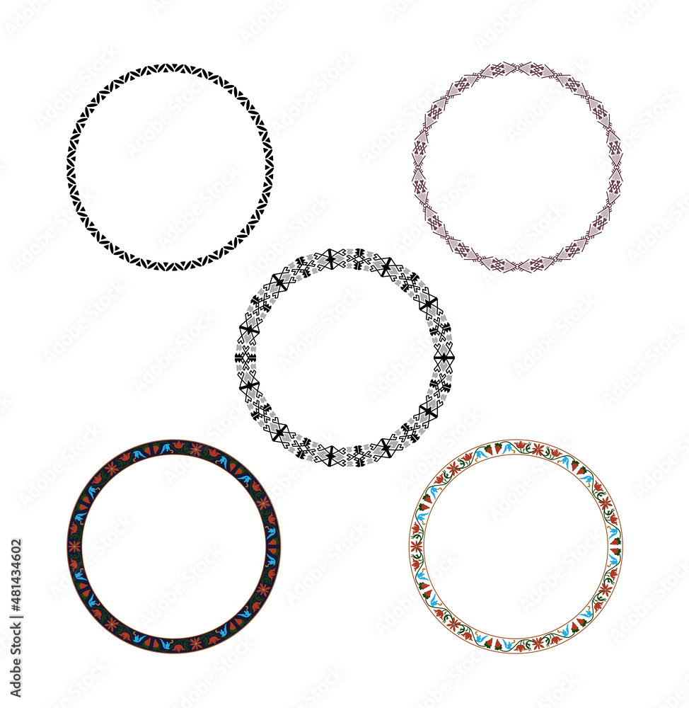 The set of decorative round frames with ethnic floral motifs. Folk ornaments for decoration and design. The set of decorative round frames with ethnic floral motifs. Folk ornaments for decoration and design.