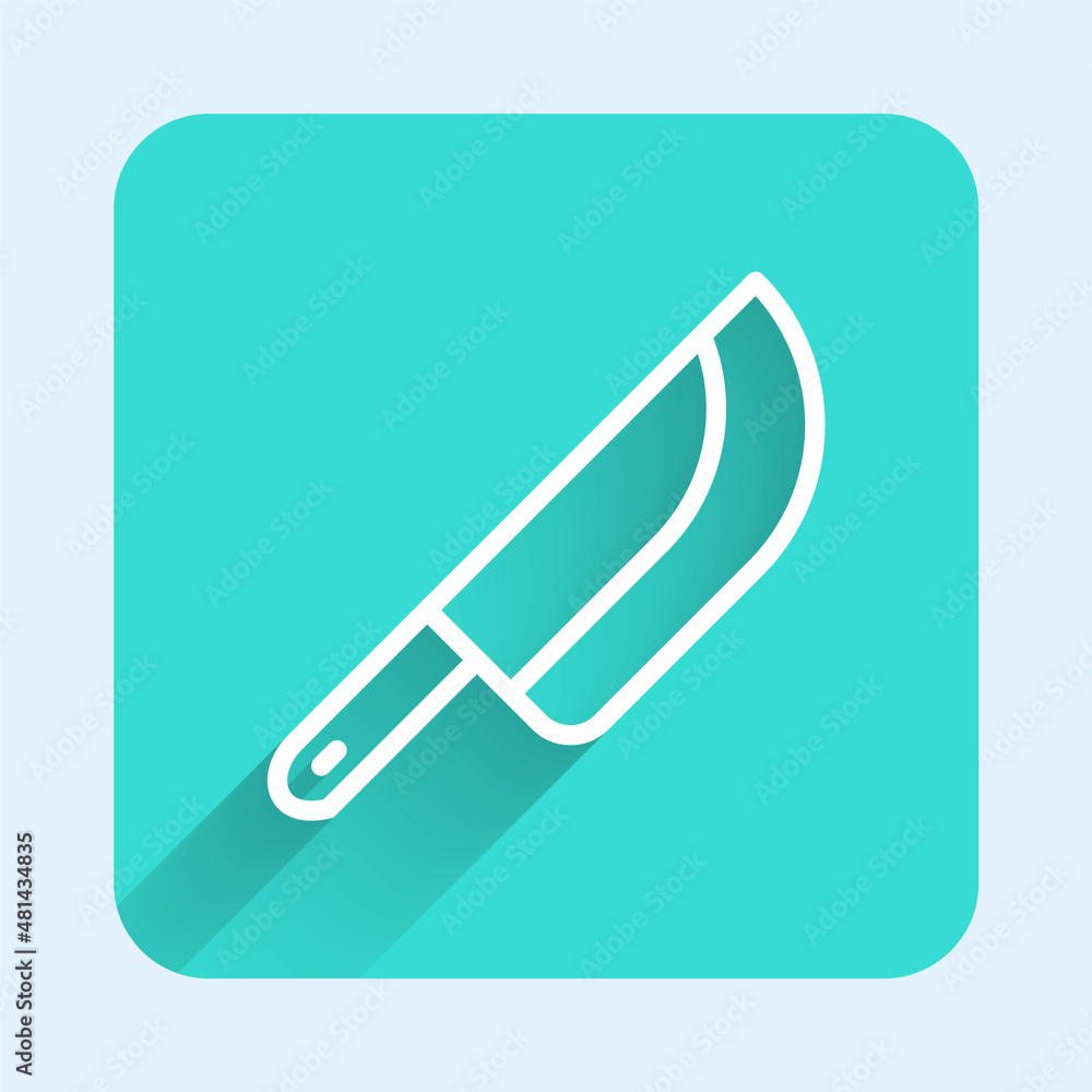 White line Knife icon isolated with long shadow. Cutlery symbol. Happy Halloween party. Green square button. Vector White line Knife icon isolated with long shadow. Cutlery symbol. Happy Halloween party. Green square button. Vector