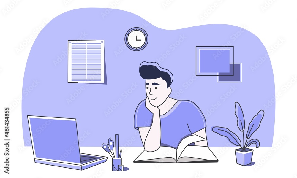 The character is distracted by social media while working. Does several things at the same time. Reads a book and sits on the Internet. Vector. A simple cartoon drawing. Graphics. Whimsical style. The character is distracted by social media while working. Does several things at the same time. Reads a book and sits on the Internet. Vector. A simple cartoon drawing. Graphics. Whimsical style.