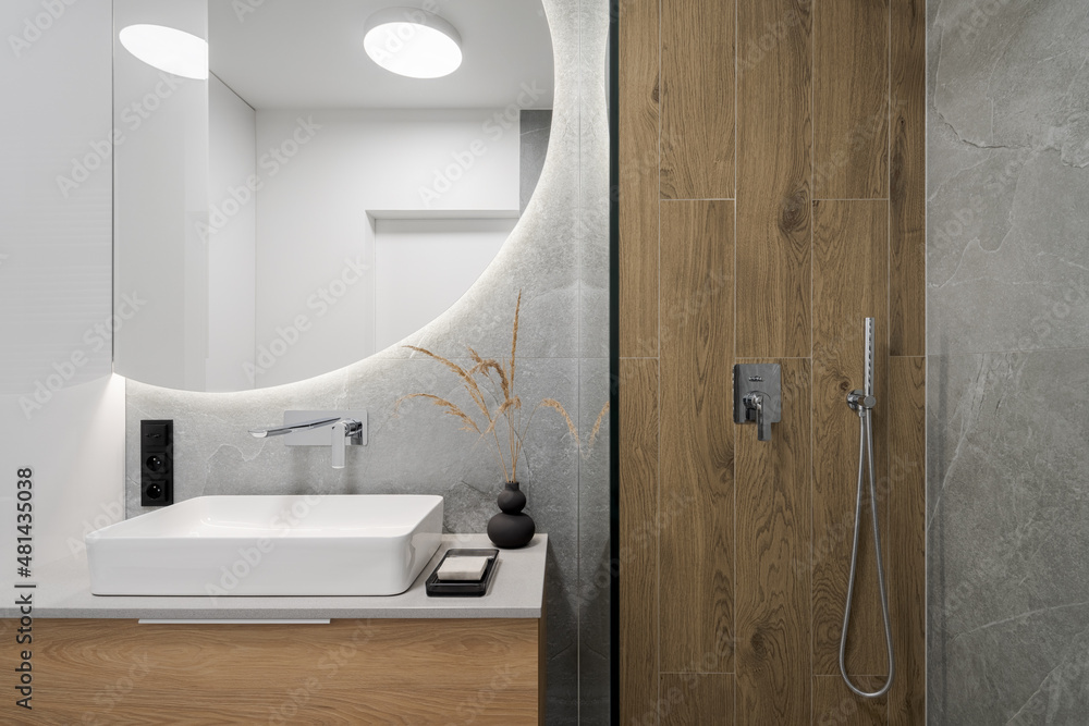 Modern bathroom with wooden style tiles - obrazy, fototapety, plakaty 