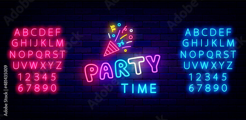 Birthday party neon sign with confetti flapper. Blue and pink light alphabet. Event greeting card. Vector illustration