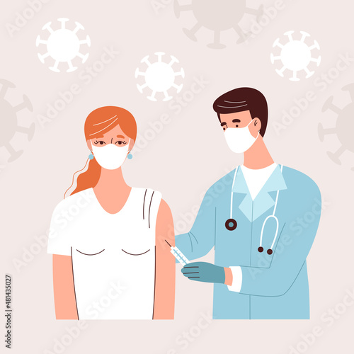 The doctor gives the vaccine to a young woman. Vaccination and health care during the coronavirus pandemic, antiviral medicine. Flat vector illustration