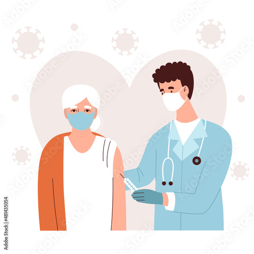 The doctor gives the vaccine to an elderly woman. Vaccination and health care for the elderly during the coronavirus pandemic, antiviral medicine. Flat vector illustration