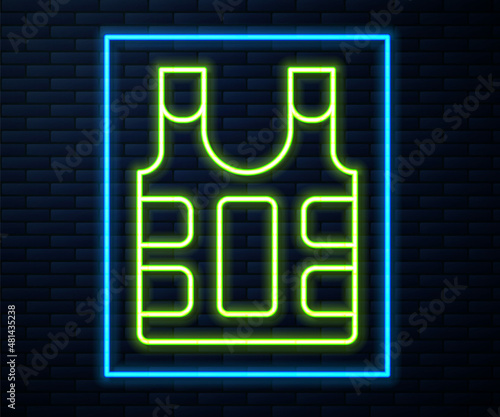 Glowing neon line Bulletproof vest for protection from bullets icon isolated on brick wall background. Body armor sign. Military clothing. Vector