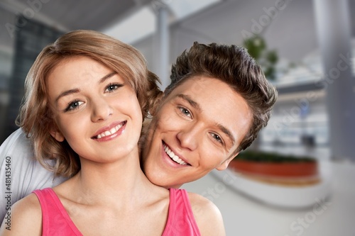 Portrait of attractive lovely charming couple dating meeting embracing