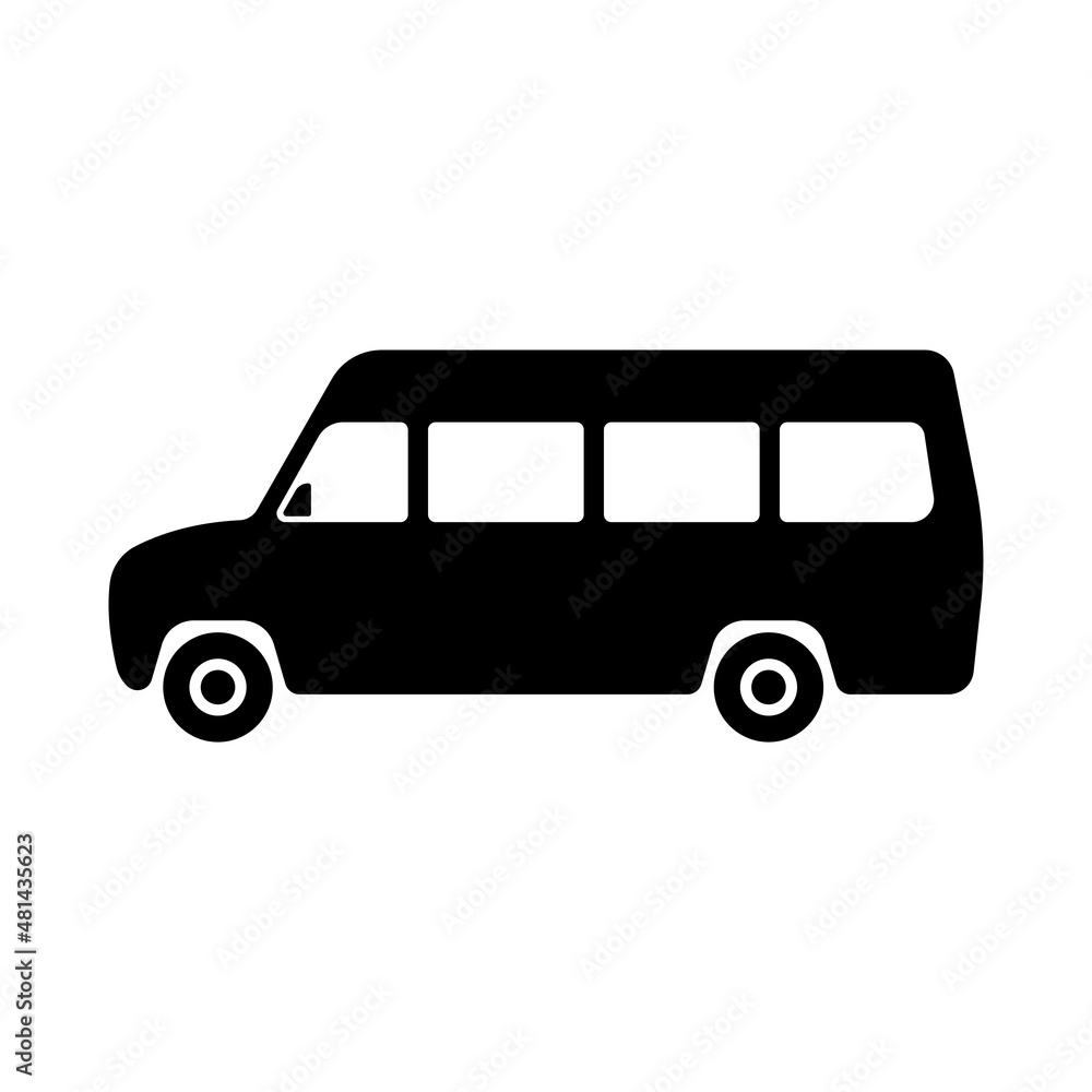 Minibus icon. Small passenger bus. Van. Black silhouette. Side view. Vector simple flat graphic illustration. Isolated object on a white background. Isolate. Minibus icon. Small passenger bus. Van. Black silhouette. Side view. Vector simple flat graphic illustration. Isolated object on a white background. Isolate.