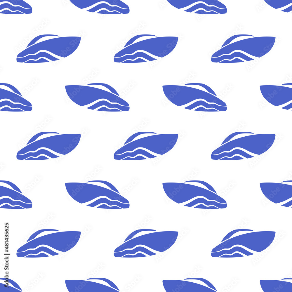 Blue motor boats isolated on white background. Front side view. Monochrome marine seamless pattern. Vector simple flat graphic illustration. Texture.