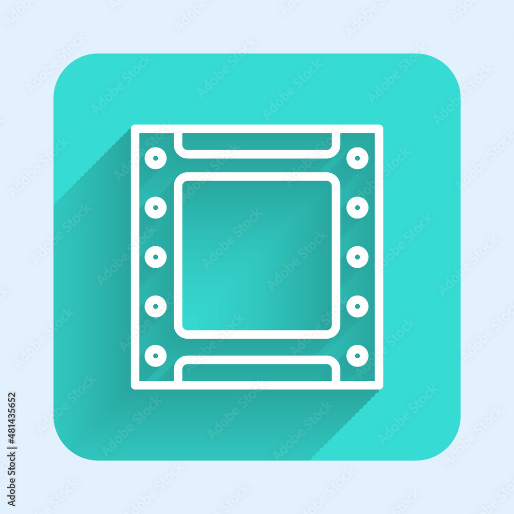 White line Play video icon isolated with long shadow background. Film strip sign. Green square button. Vector White line Play video icon isolated with long shadow background. Film strip sign. Green square button. Vector