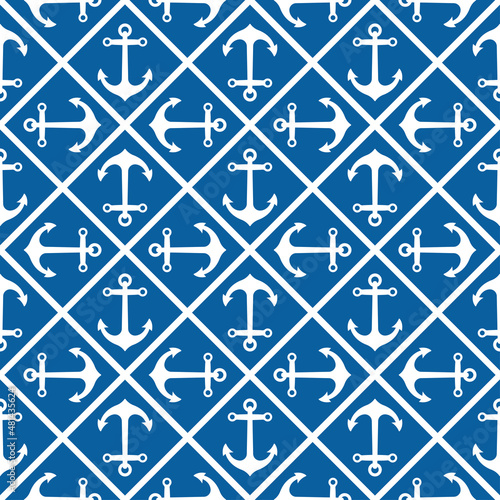 Blue ship anchors, squares and rhombuses isolated on white background. Monochrome geometric tiled seamless pattern. Vector simple flat graphic illustration. Texture.