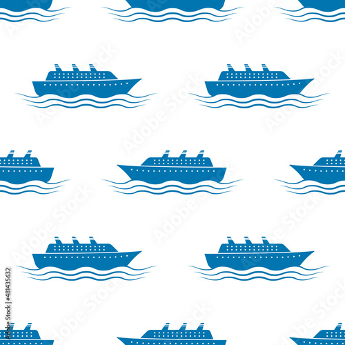 Blue cruise liners isolated on white background. Monochrome marine seamless pattern. Side view. Vector simple flat graphic illustration. Texture.