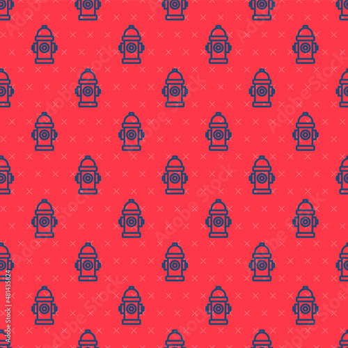 Blue line Fire hydrant icon isolated seamless pattern on red background. Vector