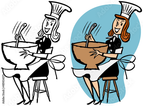A vintage retro cartoon of a woman in a chef's hat mixing food in a bowl.