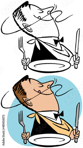 A vintage retro cartoon of a man smelling his meal cooking in the kitchen. 