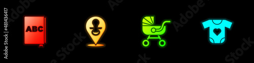 Set ABC book, Baby dummy pacifier, stroller and clothes icon. Vector