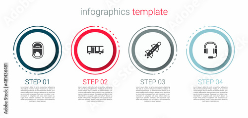 Set Airplane window, Airport bus, Rocket and Headphones with microphone. Business infographic template. Vector