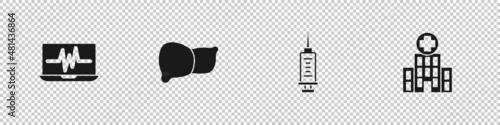 Set Laptop with cardiogram, Human organ liver, Syringe and Medical hospital building icon. Vector