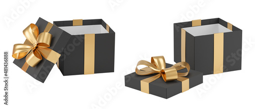 Open gift box set on white background. Christmas gift black, white and red box tied with gold ribbon. Birthday gift box on white background. Happy celebration present. Black firday week gift box set photo