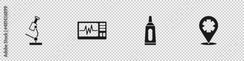 Set Microscope, Monitor with cardiogram, Ointment cream tube medicine and Location cross hospital icon. Vector