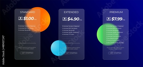 Modern glass subscription plan table with trendy morphism effect. Web hosting pricing plans for websites and applications. Transparent blurred glass plate.