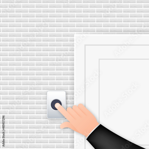 Hand push the bell button at the front door. Flat button. Flat vector illustration. Home entrance.