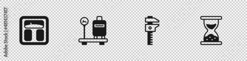 Set Bathroom scales, Scale with suitcase, Calliper or caliper and and Old hourglass sand icon. Vector